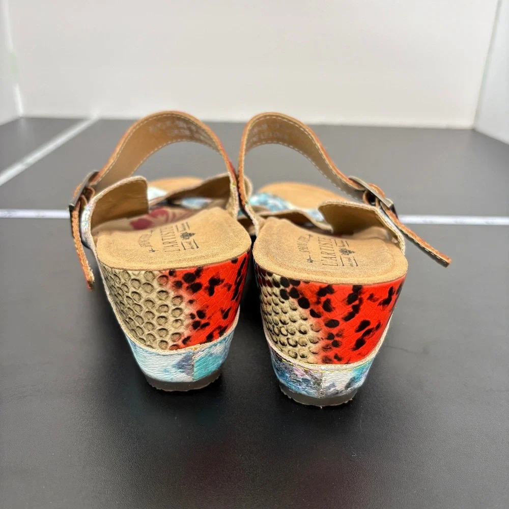 Spring Step L'Artiste Womens Wedge Sandals 38 (7.5) Baocire Leather Hand Painted